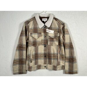 Vigoss Brown Plaid Sherpa Trucker Jacket Women's Large Cropped Snap Front NWT